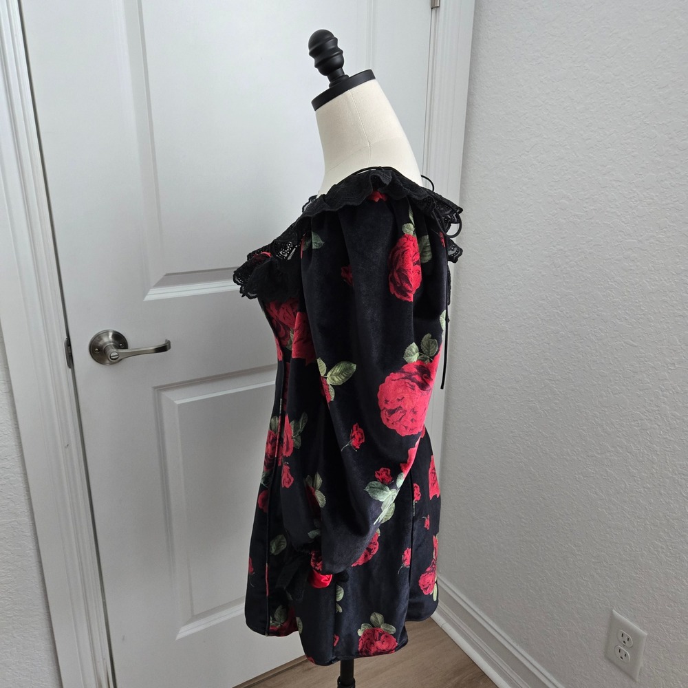 For Love & Lemons Yara Printed Velvet Mini Dress Black Red Rose Lace Ruffle - Picture 3 of 9